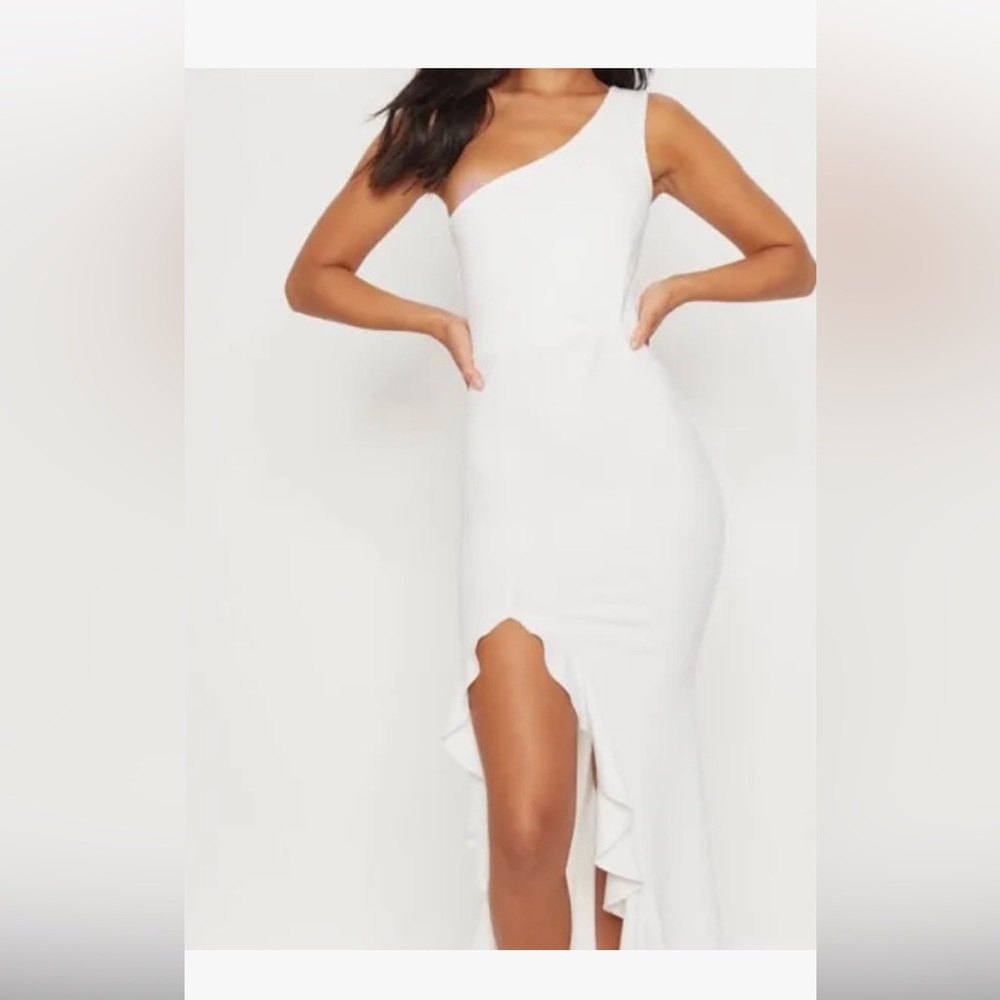 White one shoulder long front slit dress